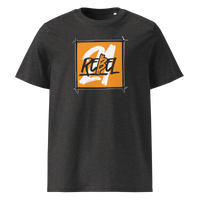 21 Rebel organic cotton bitcoin t-shirt in Dark Heather Grey, front view: a brushed orange square with 21 REBEL in white and black lettering.