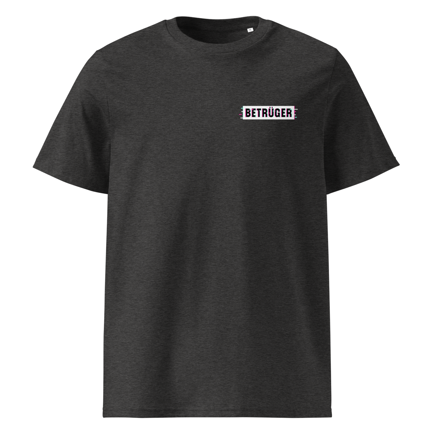 Betrüger anarcho late night organic cotton t-shirt in Dark Heather Grey, front view: a small black box logo reading Betrueger on the left chest.