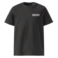 Betrüger anarcho late night organic cotton t-shirt in Dark Heather Grey, front view: a small black box logo reading Betrueger on the left chest.