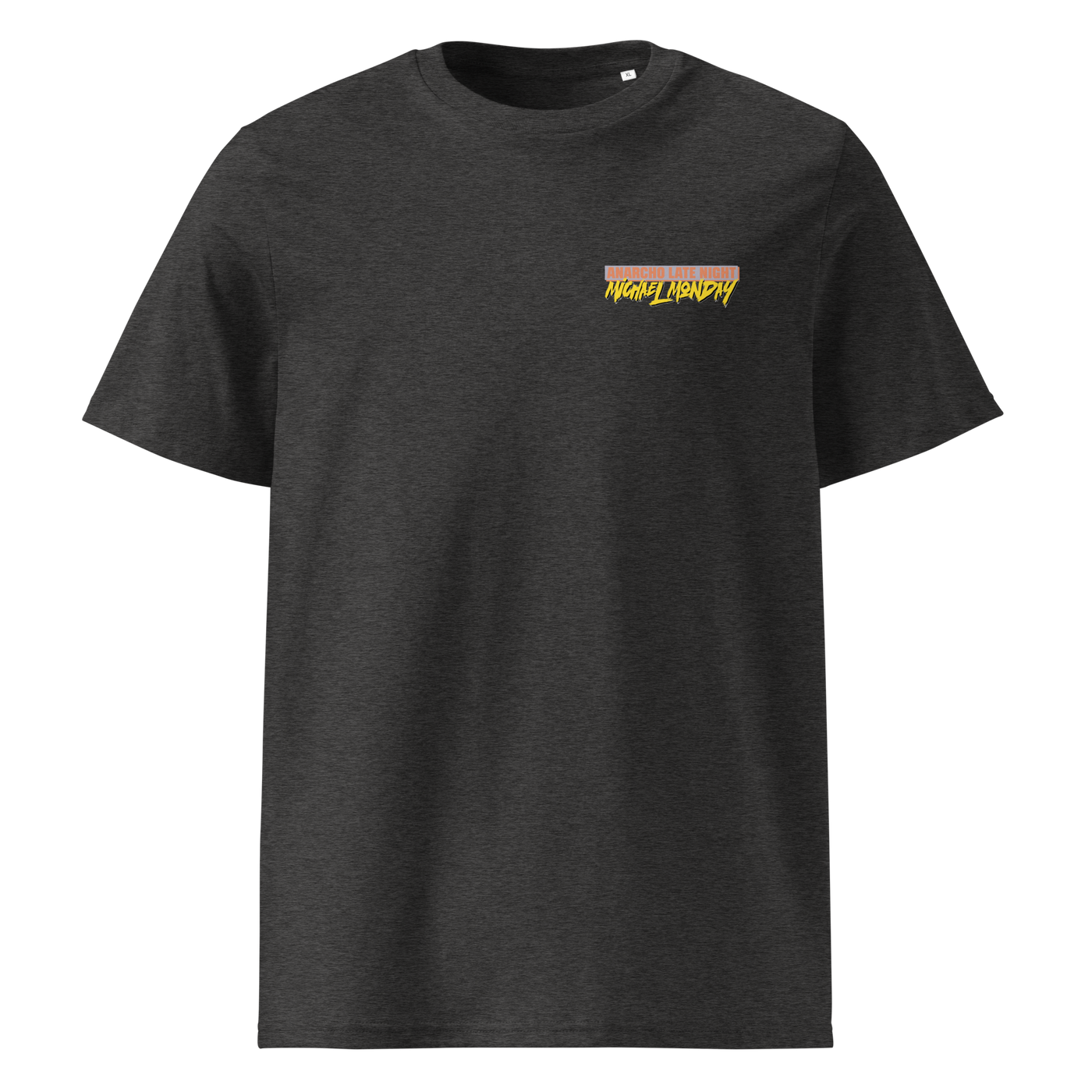 Michael Monday anarcho late night organic cotton t-shirt in Dark Heather Grey, front view: small Michael Monday brush lettering on the left chest.