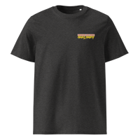 Michael Monday anarcho late night organic cotton t-shirt in Dark Heather Grey, front view: small Michael Monday brush lettering on the left chest.
