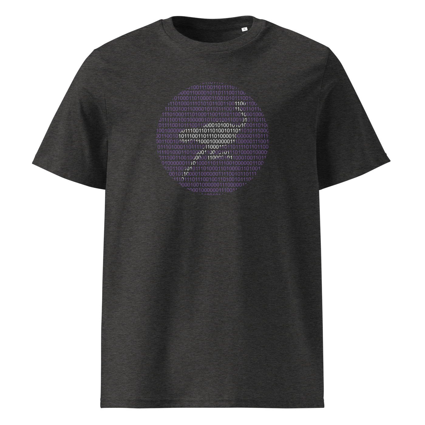 Nostr Binary organic cotton nostr t-shirt in Dark Heather Grey, front view: a round emblem built from purple binary digits.
