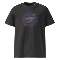 Nostr Binary organic cotton nostr t-shirt in Dark Heather Grey, front view: a round emblem built from purple binary digits.