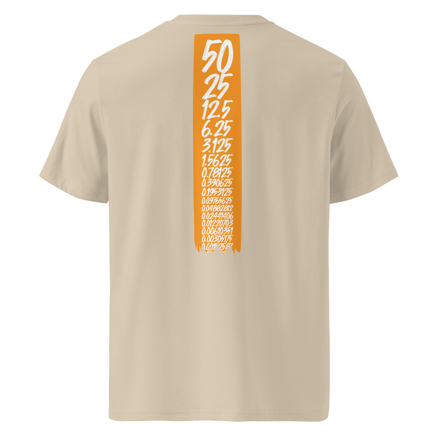 Bitcoin Halving organic cotton bitcoin t-shirt in Desert Dust, back view: an orange banner listing the halving block rewards from 50 down to 0.00190735.