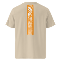 Bitcoin Halving organic cotton bitcoin t-shirt in Desert Dust, back view: an orange banner listing the halving block rewards from 50 down to 0.00190735.