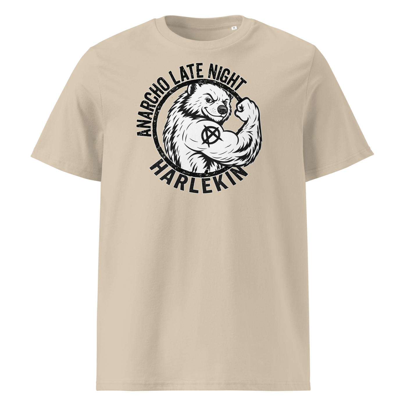 Anarcho Late Night organic cotton t-shirt in Desert Dust, front view: a round black emblem of a flexing badger reading Anarcho Late Night Harlekin.