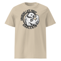 Anarcho Late Night organic cotton t-shirt in Desert Dust, front view: a round black emblem of a flexing badger reading Anarcho Late Night Harlekin.