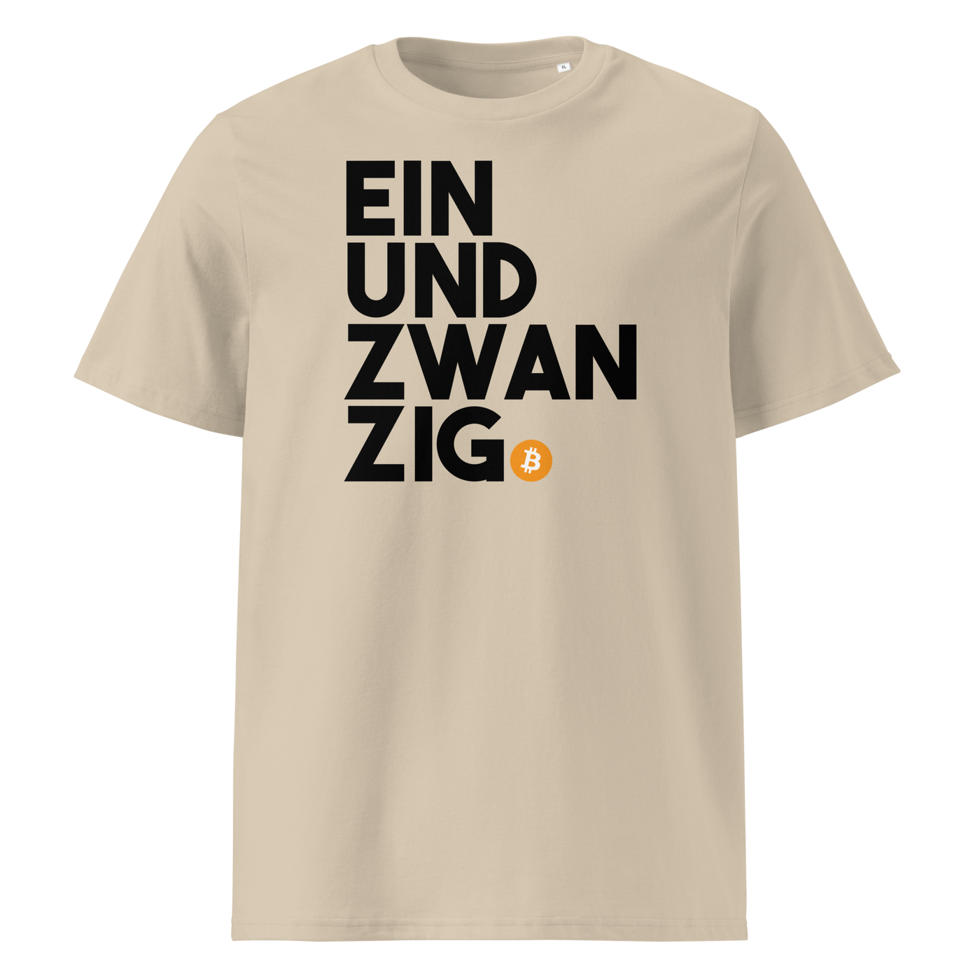 Einundzwanzig organic cotton bitcoin t-shirt in Desert Dust, front view: Einundzwanzig stacked in black block letters with an orange bitcoin coin.
