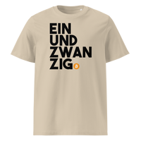 Einundzwanzig organic cotton bitcoin t-shirt in Desert Dust, front view: Einundzwanzig stacked in black block letters with an orange bitcoin coin.