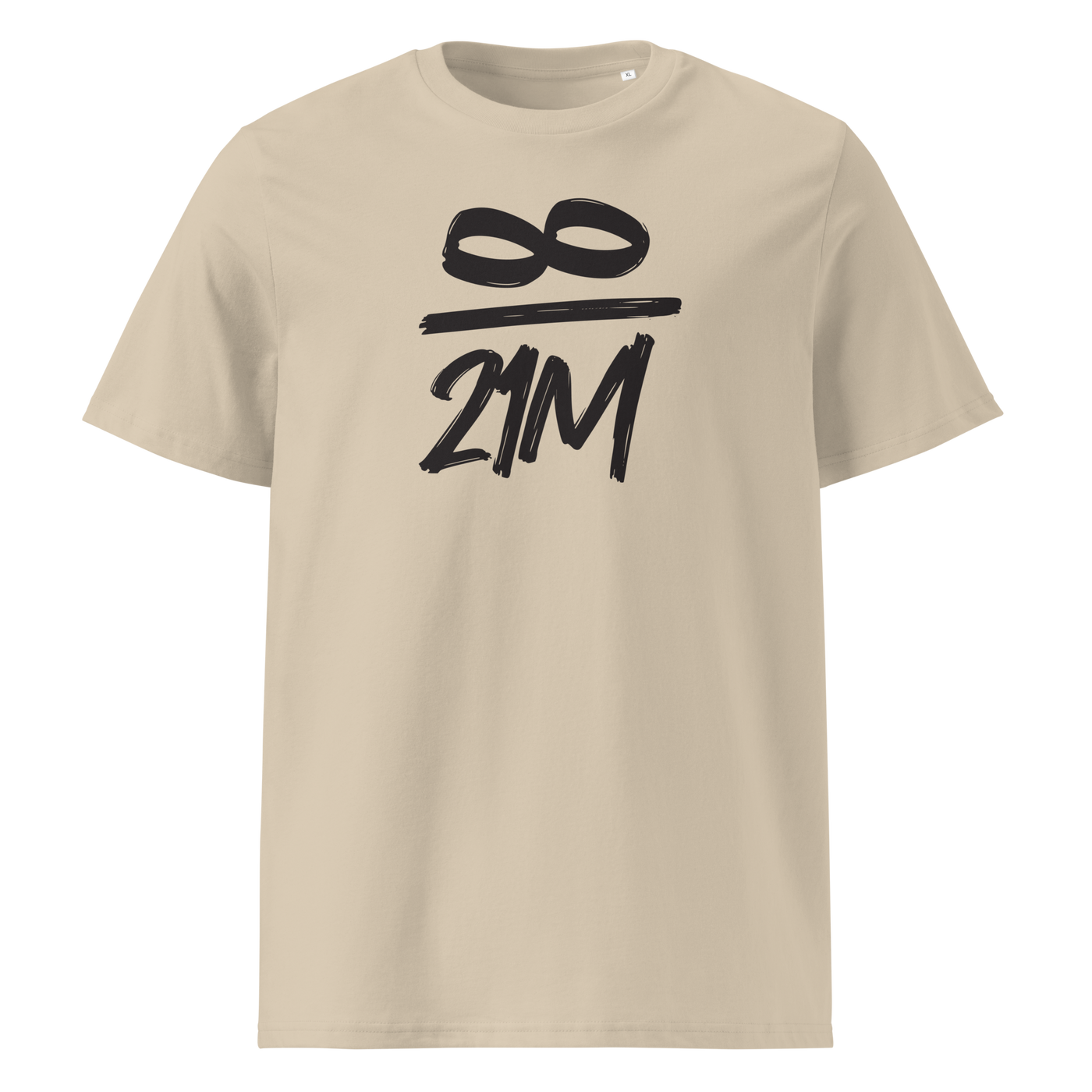 Infinity / 21 Million organic cotton bitcoin t-shirt in Desert Dust, front view: an infinity symbol over 21M in black brush lettering.