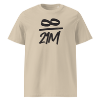 Infinity / 21 Million organic cotton bitcoin t-shirt in Desert Dust, front view: an infinity symbol over 21M in black brush lettering.
