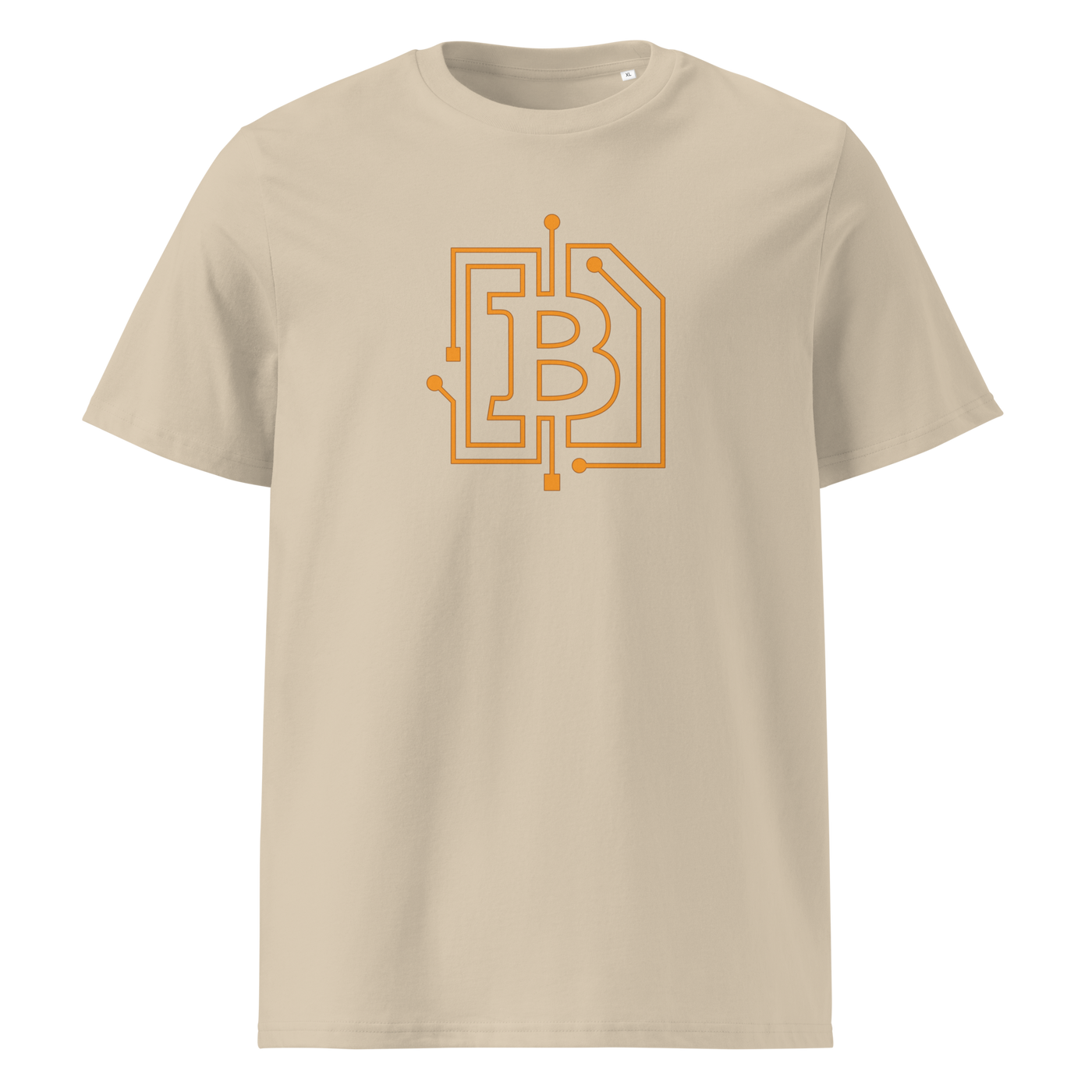 Circuit Board organic cotton bitcoin t-shirt in Desert Dust, front view: an orange bitcoin B drawn as circuit board traces.