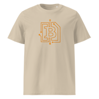 Circuit Board organic cotton bitcoin t-shirt in Desert Dust, front view: an orange bitcoin B drawn as circuit board traces.