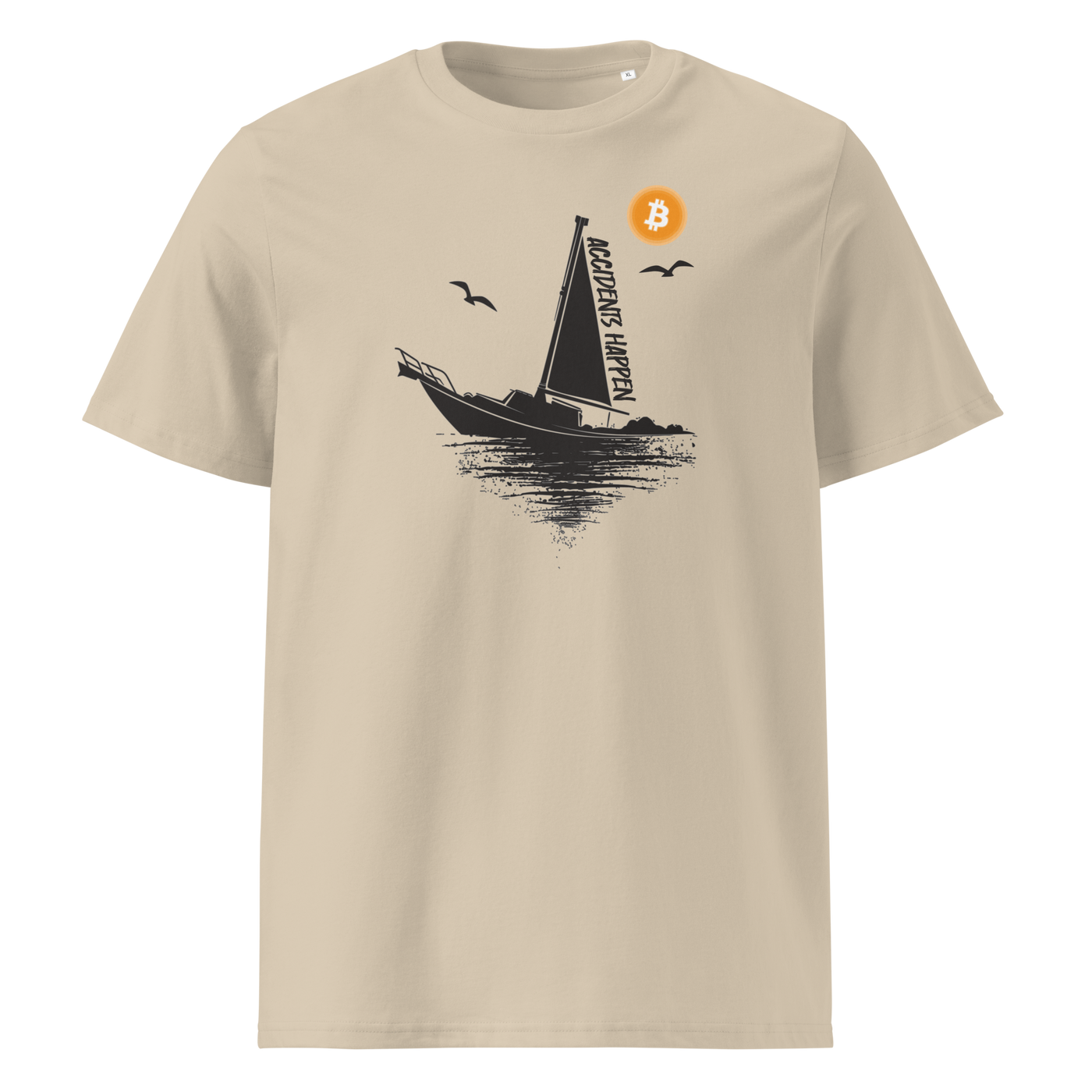 Boat Accident - Accidents Happen organic cotton bitcoin t-shirt in Desert Dust, front view: a black sailboat under an orange bitcoin sun, captioned Accidents Happen.