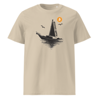 Boat Accident - Accidents Happen organic cotton bitcoin t-shirt in Desert Dust, front view: a black sailboat under an orange bitcoin sun, captioned Accidents Happen.