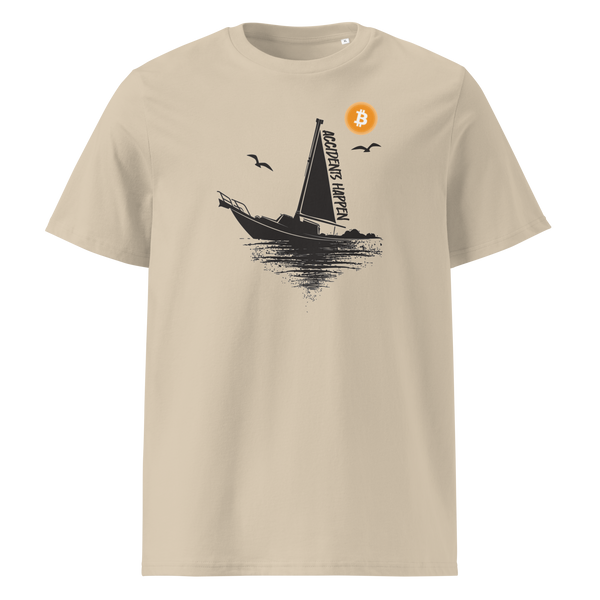 Boat Accident - Accidents Happen organic cotton bitcoin t-shirt in Desert Dust, front view: a black sailboat under an orange bitcoin sun, captioned Accidents Happen.