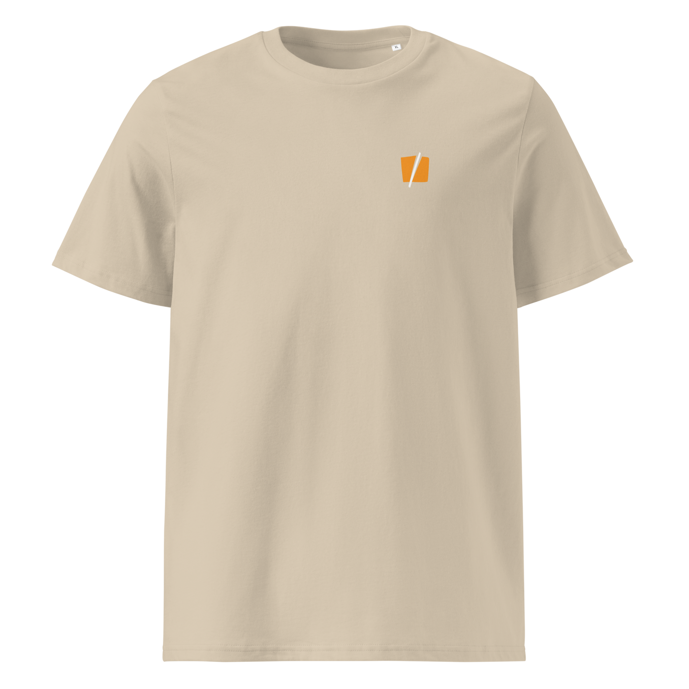 Bitcoin Halving organic cotton bitcoin t-shirt in Desert Dust, front view: a small halved orange bitcoin symbol on the left chest.