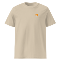 Bitcoin Halving organic cotton bitcoin t-shirt in Desert Dust, front view: a small halved orange bitcoin symbol on the left chest.