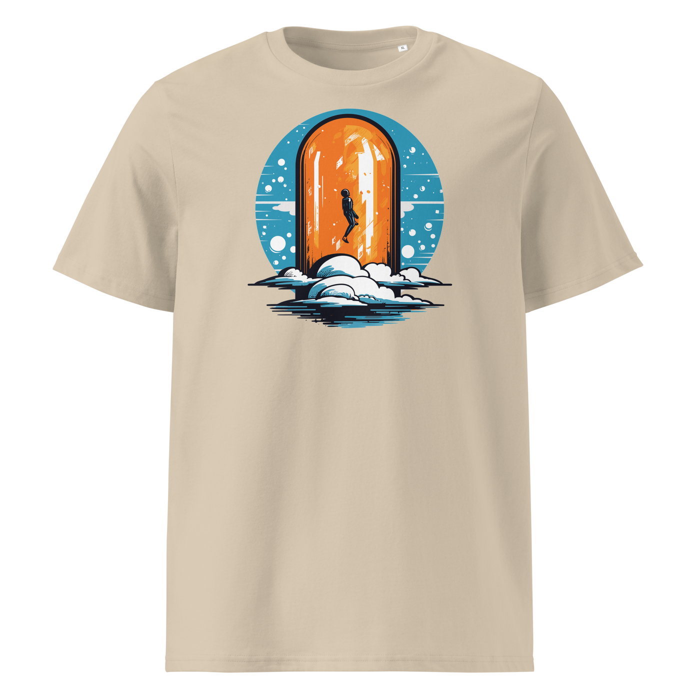 Orange Pill organic cotton bitcoin t-shirt in Desert Dust, front view: a silhouette stepping through an orange pill shaped doorway above the clouds.