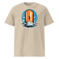 Orange Pill organic cotton bitcoin t-shirt in Desert Dust, front view: a silhouette stepping through an orange pill shaped doorway above the clouds.