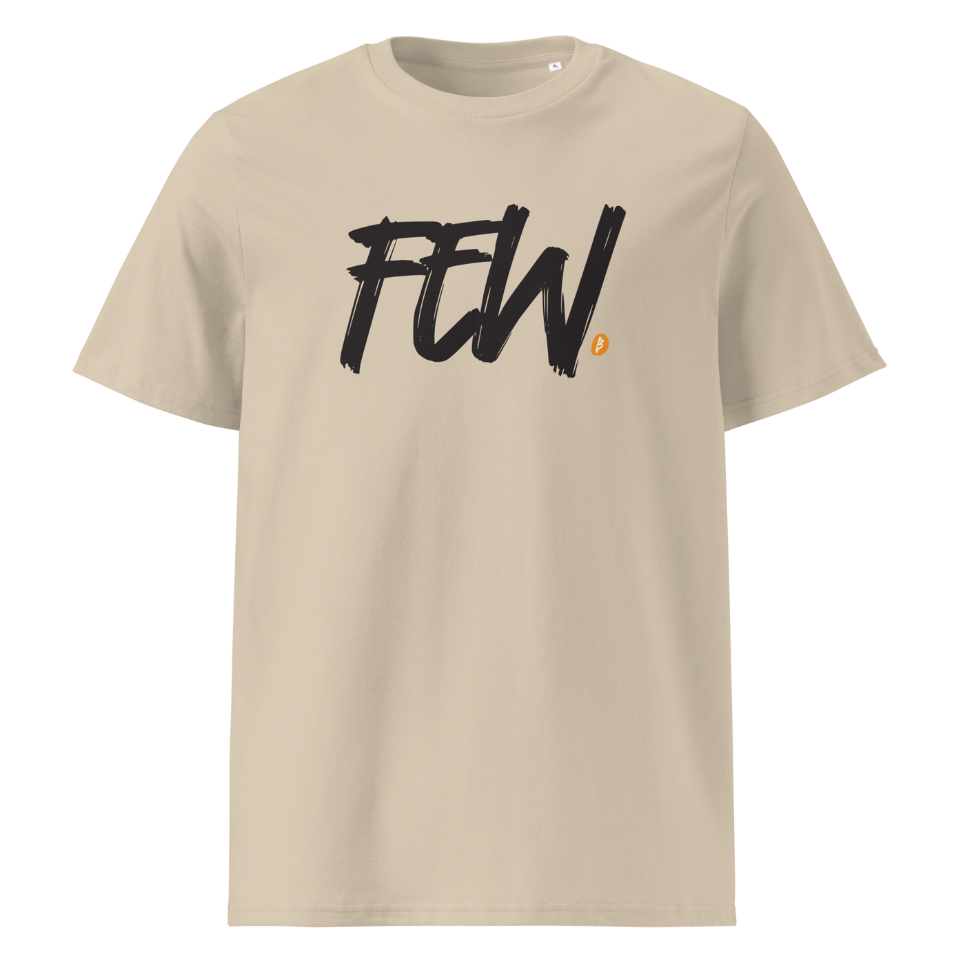 Few organic cotton bitcoin t-shirt in Desert Dust, front view: FEW. in black brush lettering with an orange bitcoin dot.