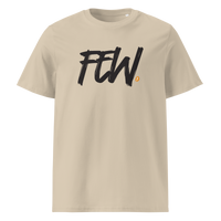 Few organic cotton bitcoin t-shirt in Desert Dust, front view: FEW. in black brush lettering with an orange bitcoin dot.