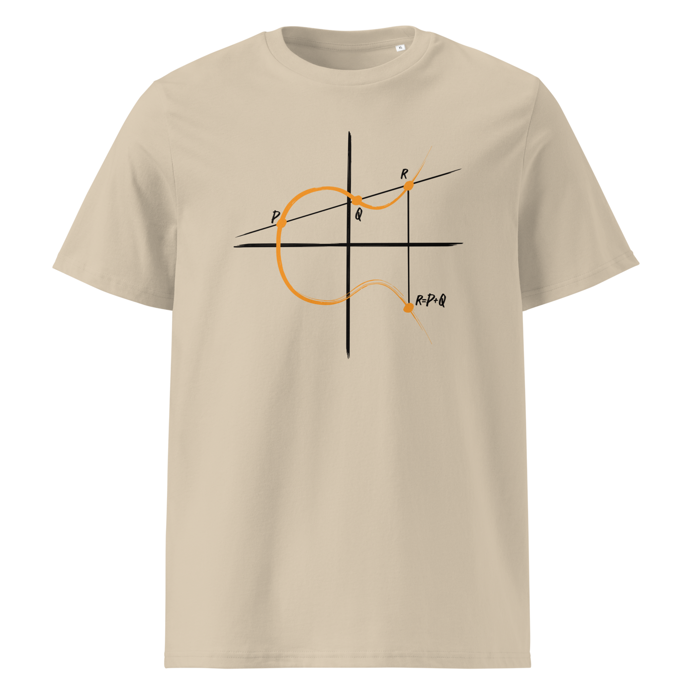 Elliptic Curve Cryptography organic cotton bitcoin t-shirt in Desert Dust, front view: a line drawing of an elliptic curve with the points P, Q and R.