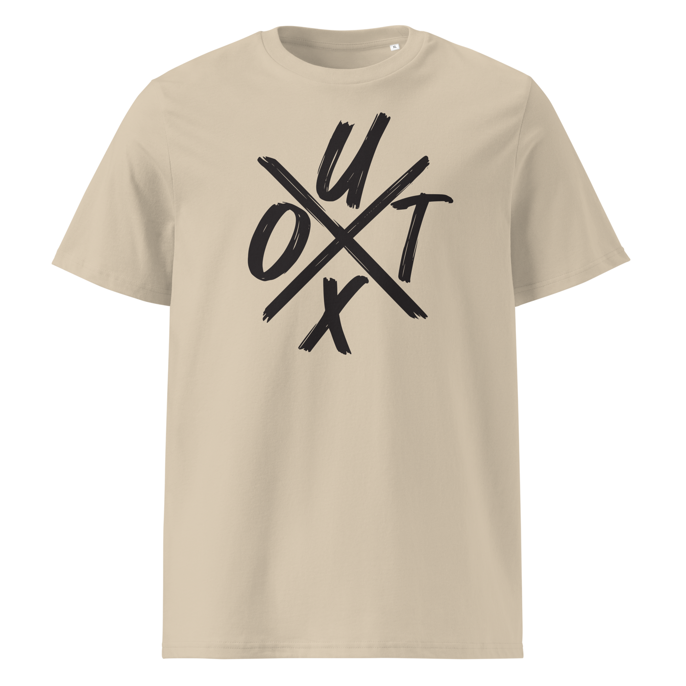 UTXO Management organic cotton bitcoin t-shirt in Desert Dust, front view: the letters UTXO arranged around a brushed cross.