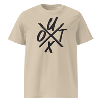 UTXO Management organic cotton bitcoin t-shirt in Desert Dust, front view: the letters UTXO arranged around a brushed cross.