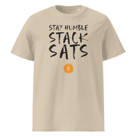 Stay Humble Stack Sats organic cotton bitcoin t-shirt in Desert Dust, front view: Stay Humble Stack Sats in black lettering above an orange sats coin.