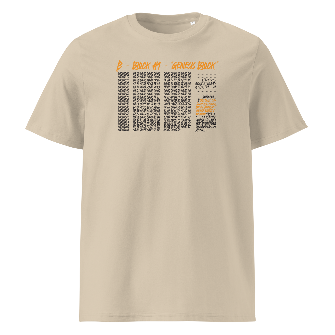 Genesis Block organic cotton bitcoin t-shirt in Desert Dust, front view: the raw data of Bitcoin's genesis block in grey and orange.