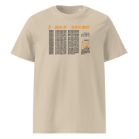 Genesis Block organic cotton bitcoin t-shirt in Desert Dust, front view: the raw data of Bitcoin's genesis block in grey and orange.