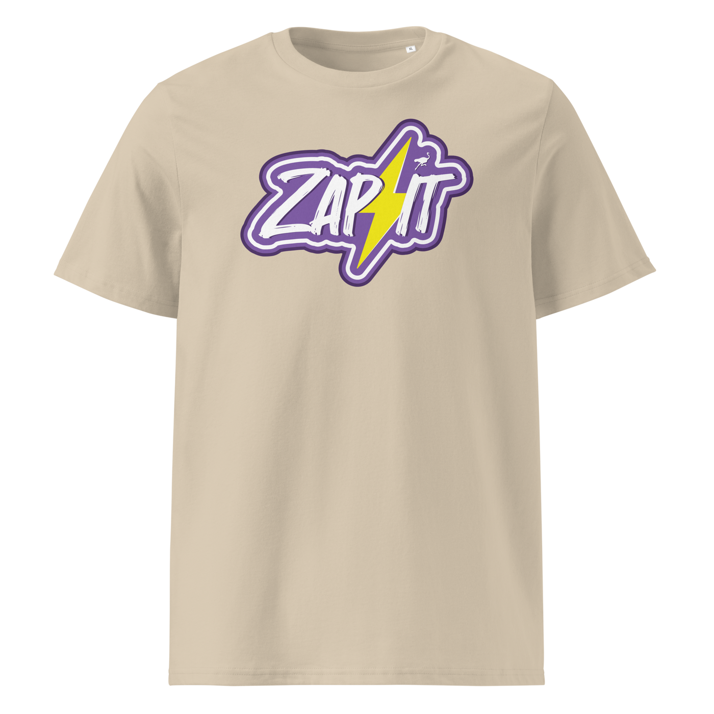 Zap It Nostr organic cotton nostr t-shirt in Desert Dust, front view: Zap It in purple graffiti letters with a yellow lightning bolt.