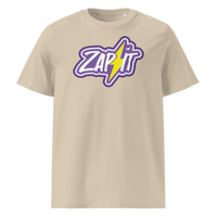 Zap It Nostr organic cotton nostr t-shirt in Desert Dust, front view: Zap It in purple graffiti letters with a yellow lightning bolt.