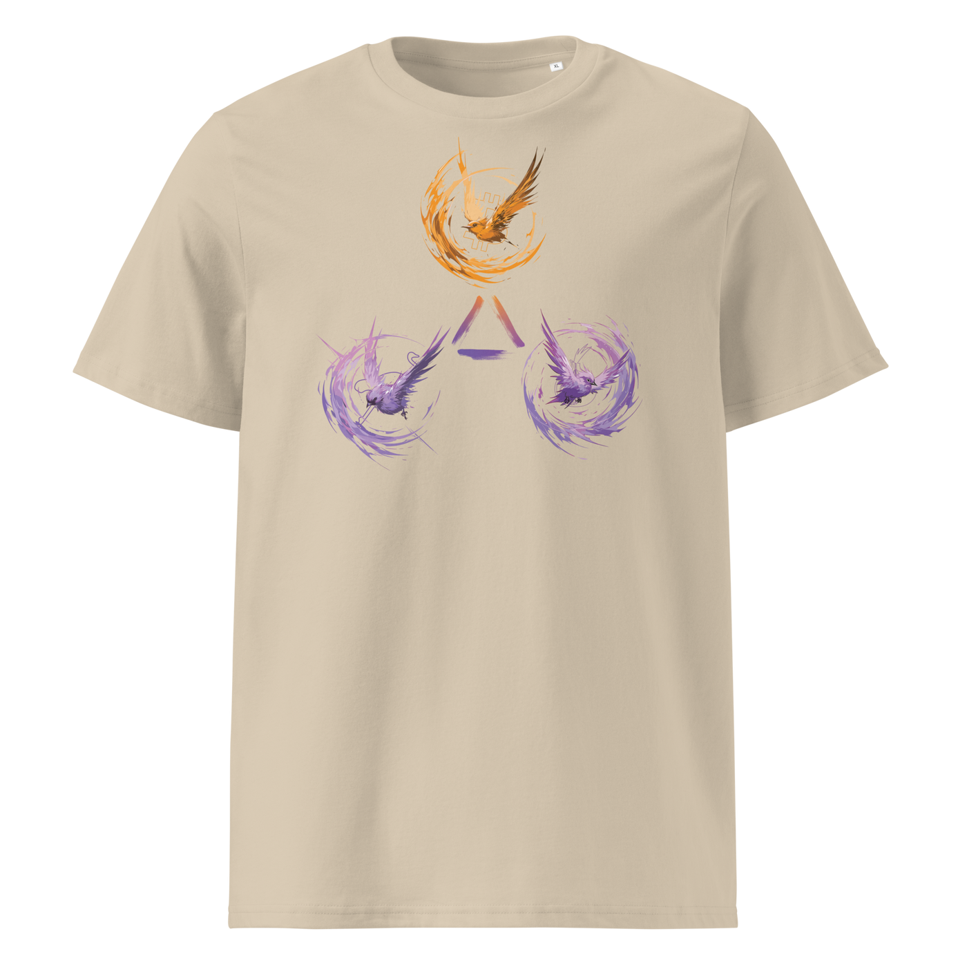 Trinity of Freedom organic cotton bitcoin t-shirt in Desert Dust, front view: three stylised birds, one orange and two purple, around a triangle.