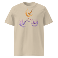 Trinity of Freedom organic cotton bitcoin t-shirt in Desert Dust, front view: three stylised birds, one orange and two purple, around a triangle.