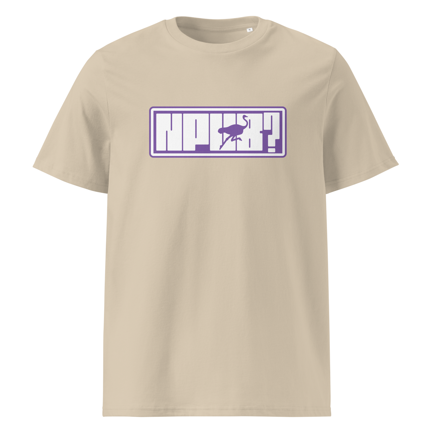 nPub Nostr organic cotton nostr t-shirt in Desert Dust, front view: nPub in purple letters in a frame with an ostrich.