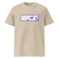 nPub Nostr organic cotton nostr t-shirt in Desert Dust, front view: nPub in purple letters in a frame with an ostrich.