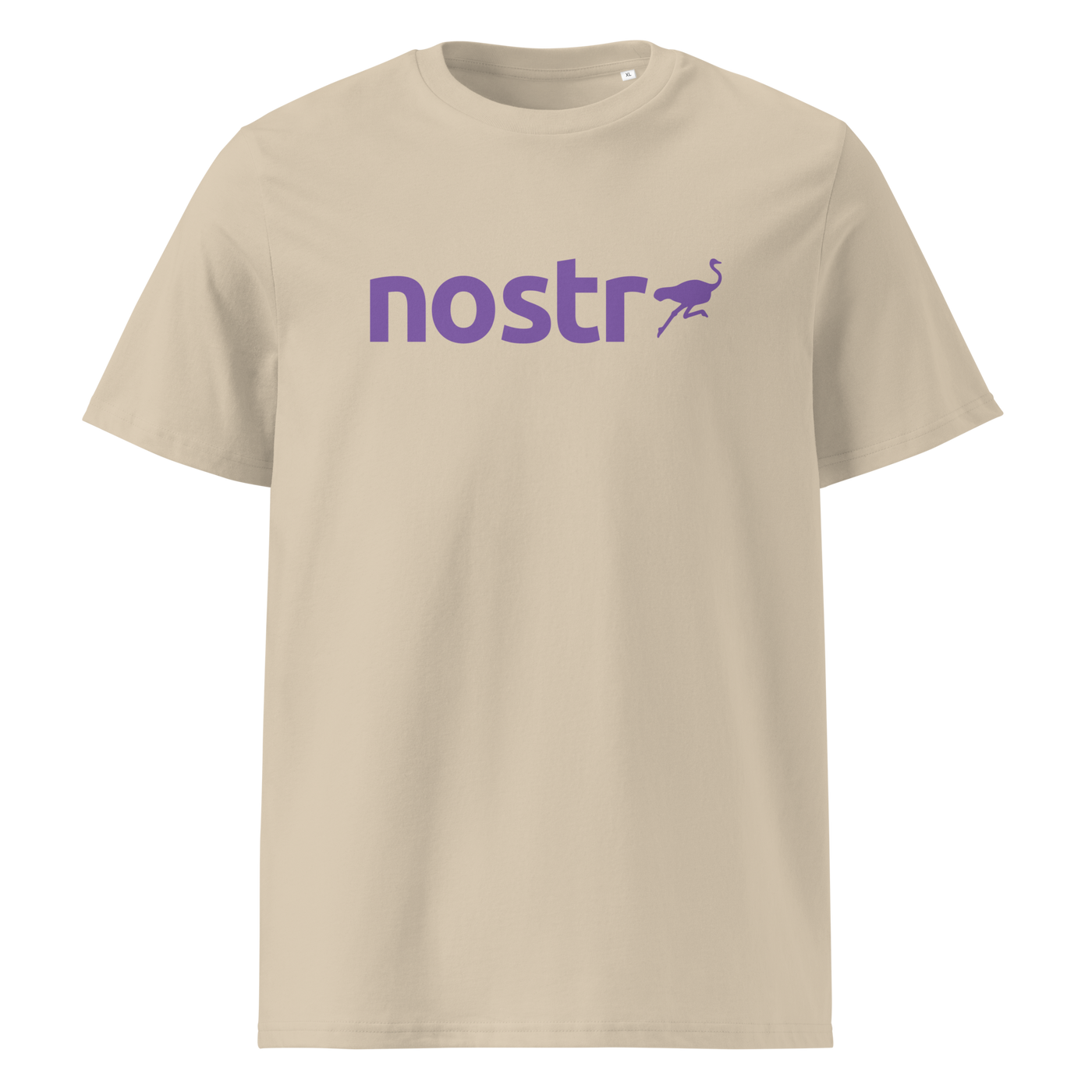 Nostr organic cotton nostr t-shirt in Desert Dust, front view: the nostr wordmark in purple with an ostrich.