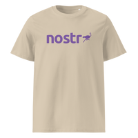 Nostr organic cotton nostr t-shirt in Desert Dust, front view: the nostr wordmark in purple with an ostrich.