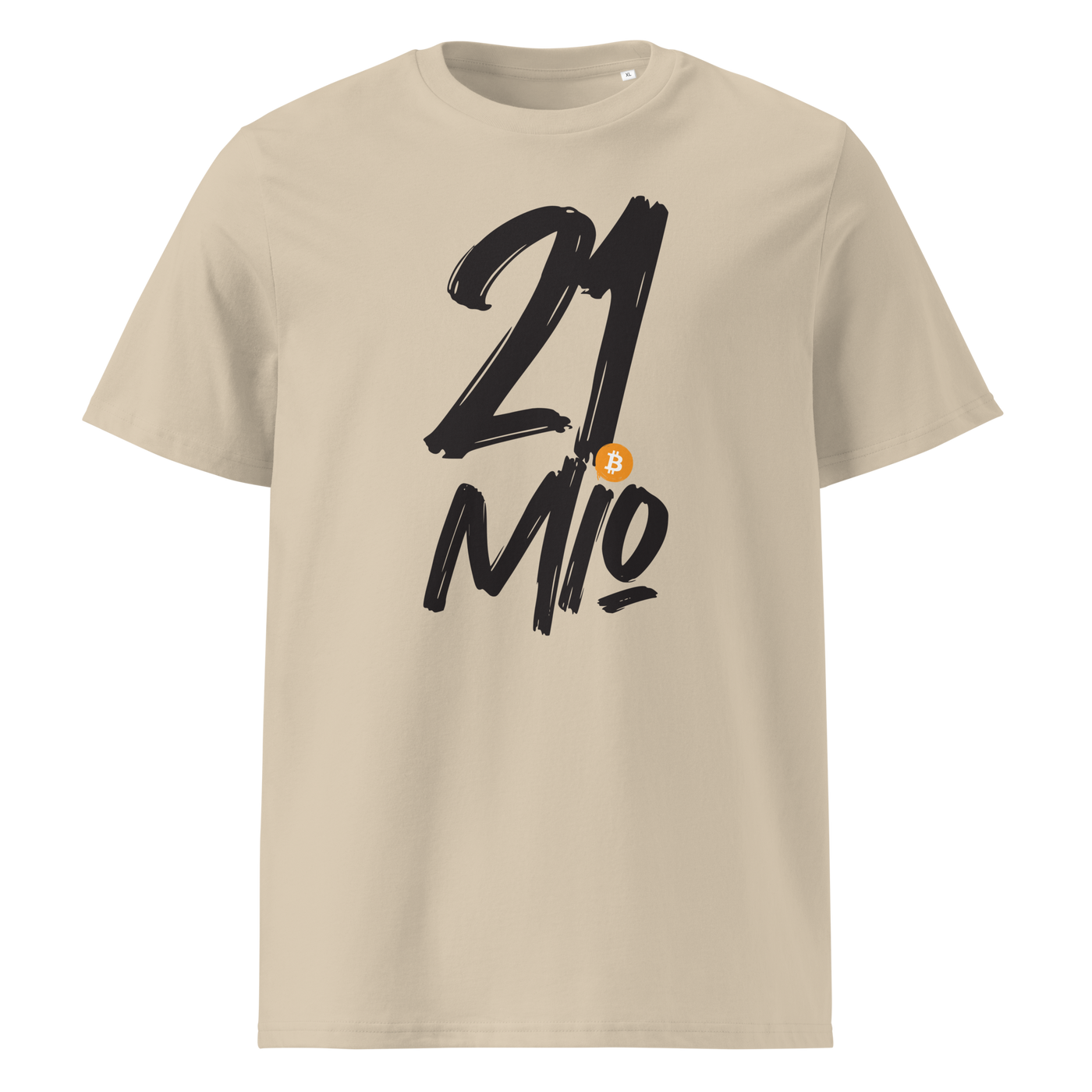 21 Million organic cotton bitcoin t-shirt in Desert Dust, front view: 21 Mio. in black brush lettering with an orange bitcoin coin.