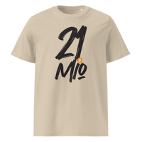 21 Million organic cotton bitcoin t-shirt in Desert Dust, front view: 21 Mio. in black brush lettering with an orange bitcoin coin.