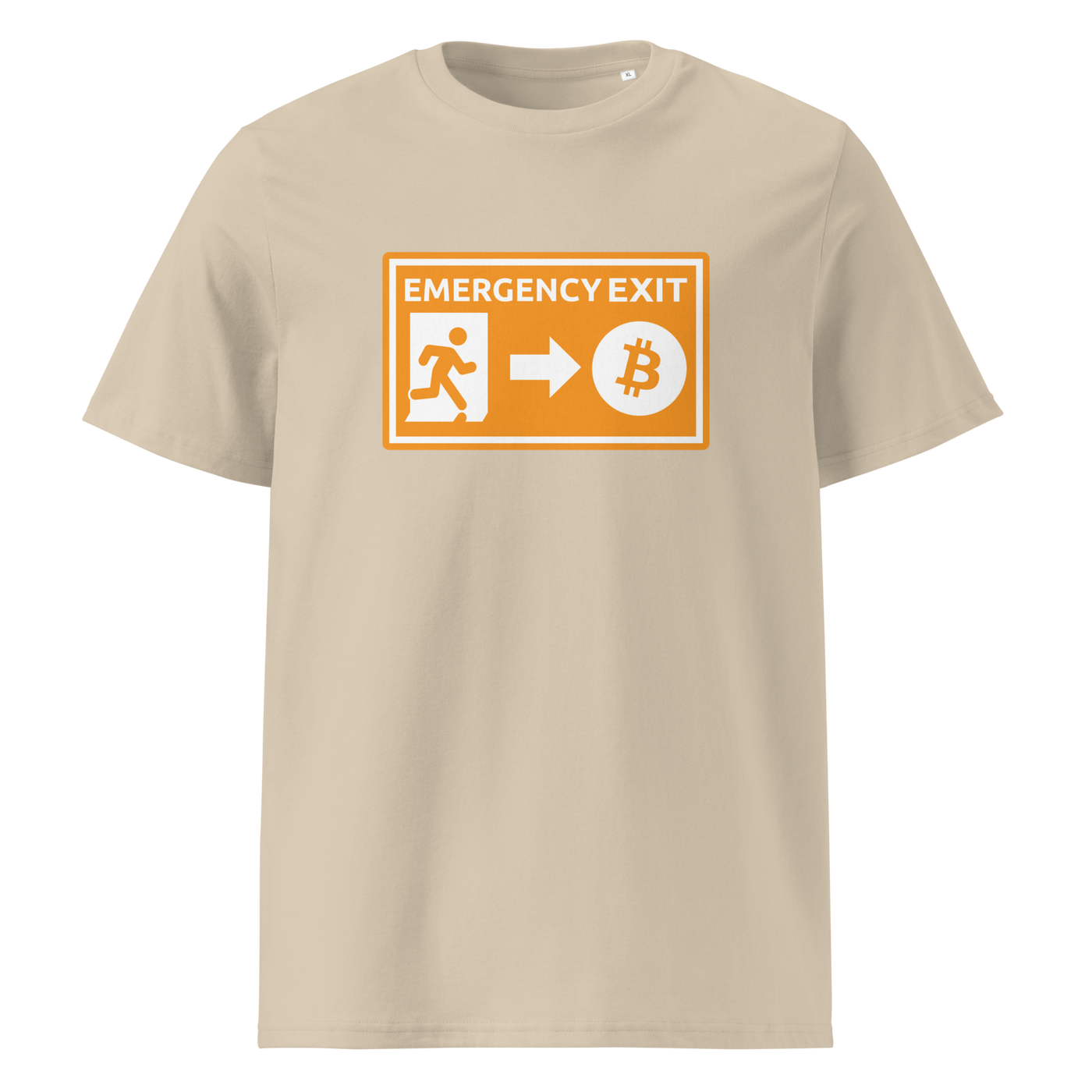 Emergency Exit organic cotton bitcoin t-shirt in Desert Dust, front view: an orange emergency exit sign where the running figure heads towards a bitcoin symbol.