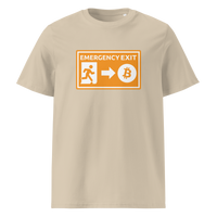 Emergency Exit organic cotton bitcoin t-shirt in Desert Dust, front view: an orange emergency exit sign where the running figure heads towards a bitcoin symbol.