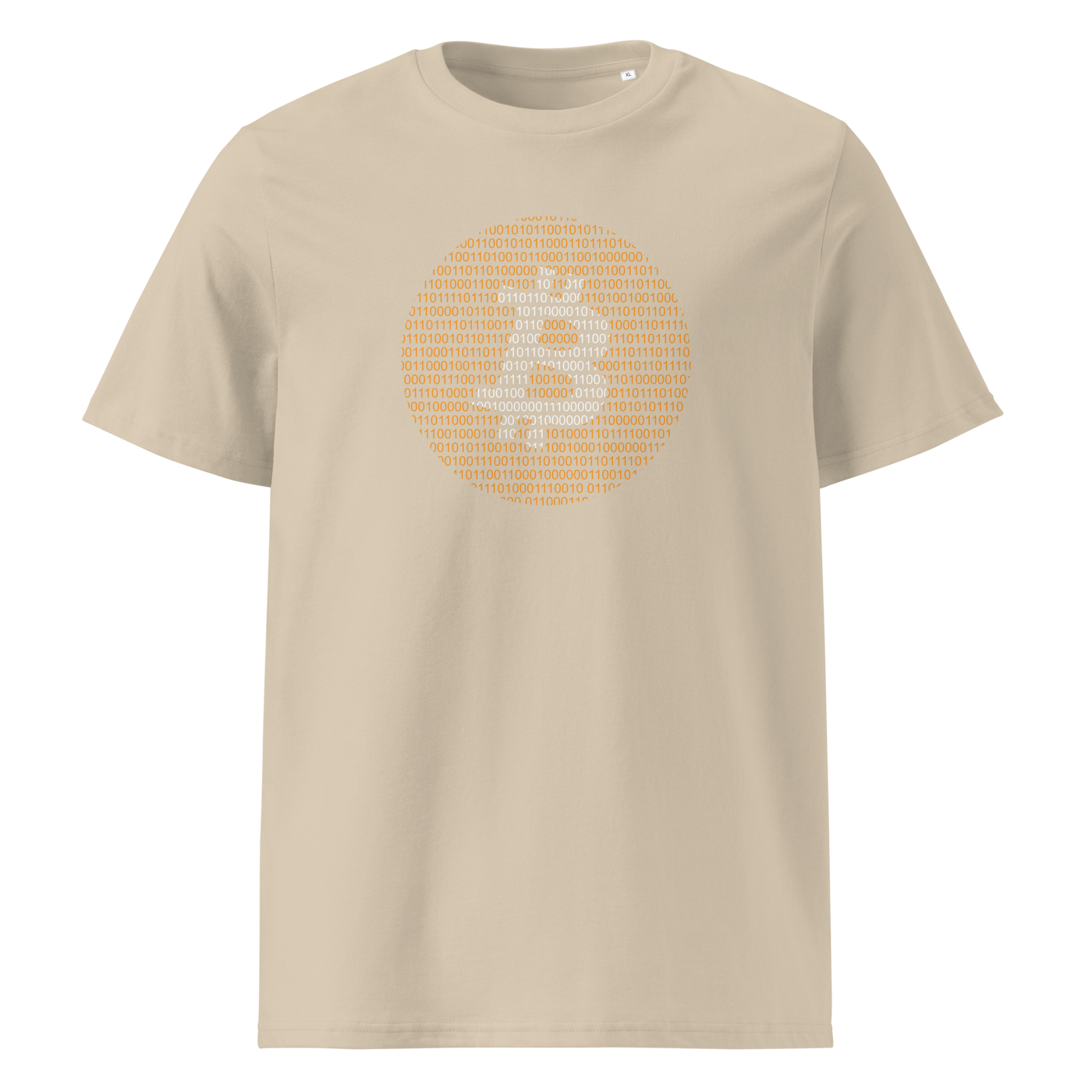 Bitcoin Binary organic cotton bitcoin t-shirt in Desert Dust, front view: an orange bitcoin symbol built from binary digits.