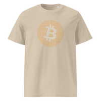 Bitcoin Binary organic cotton bitcoin t-shirt in Desert Dust, front view: an orange bitcoin symbol built from binary digits.