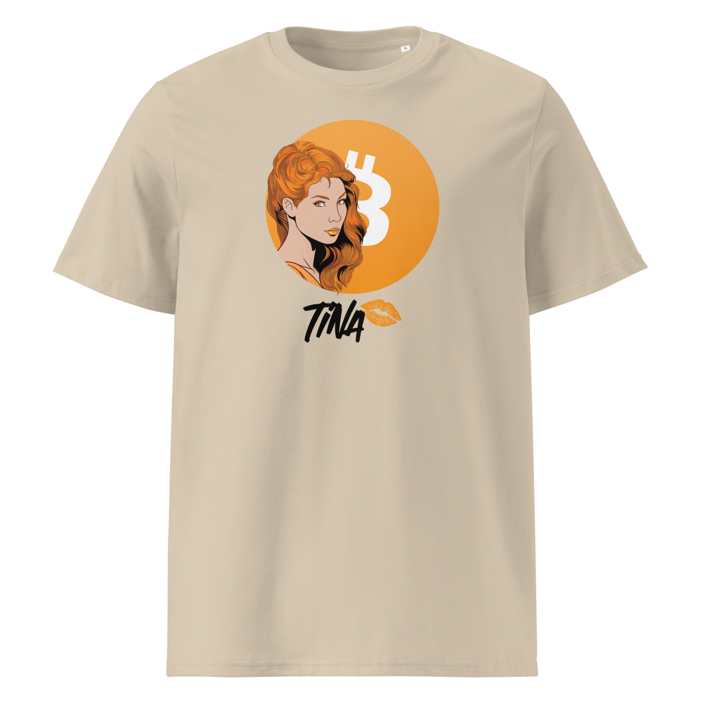 TINA organic cotton bitcoin t-shirt in Desert Dust, front view: an illustrated red haired woman in front of an orange bitcoin circle, signed TINA.