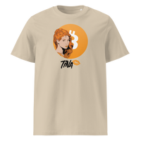 TINA organic cotton bitcoin t-shirt in Desert Dust, front view: an illustrated red haired woman in front of an orange bitcoin circle, signed TINA.
