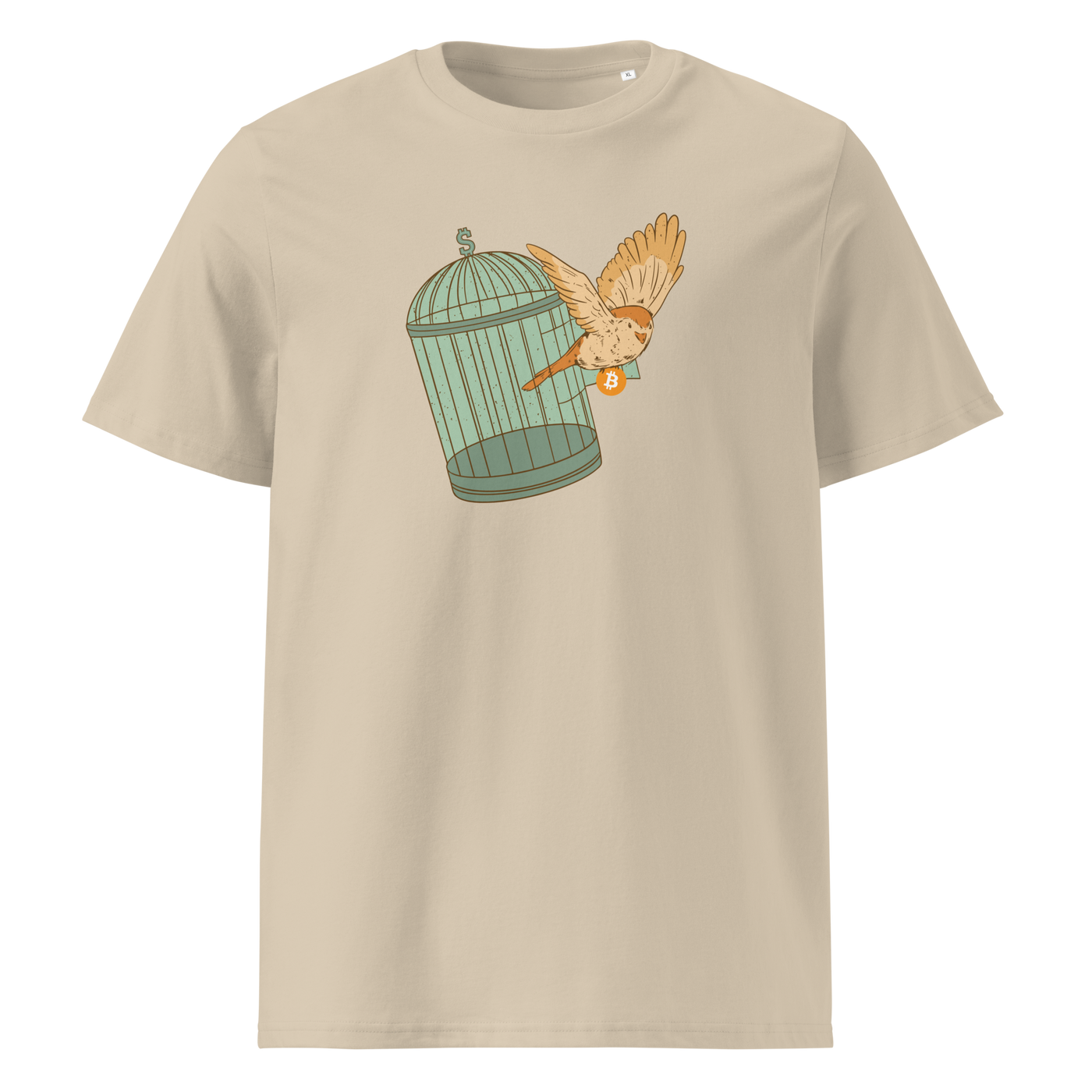 Escape from Fiat Madness organic cotton bitcoin t-shirt in Desert Dust, front view: an orange bird escaping from an open green birdcage.