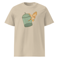 Escape from Fiat Madness organic cotton bitcoin t-shirt in Desert Dust, front view: an orange bird escaping from an open green birdcage.